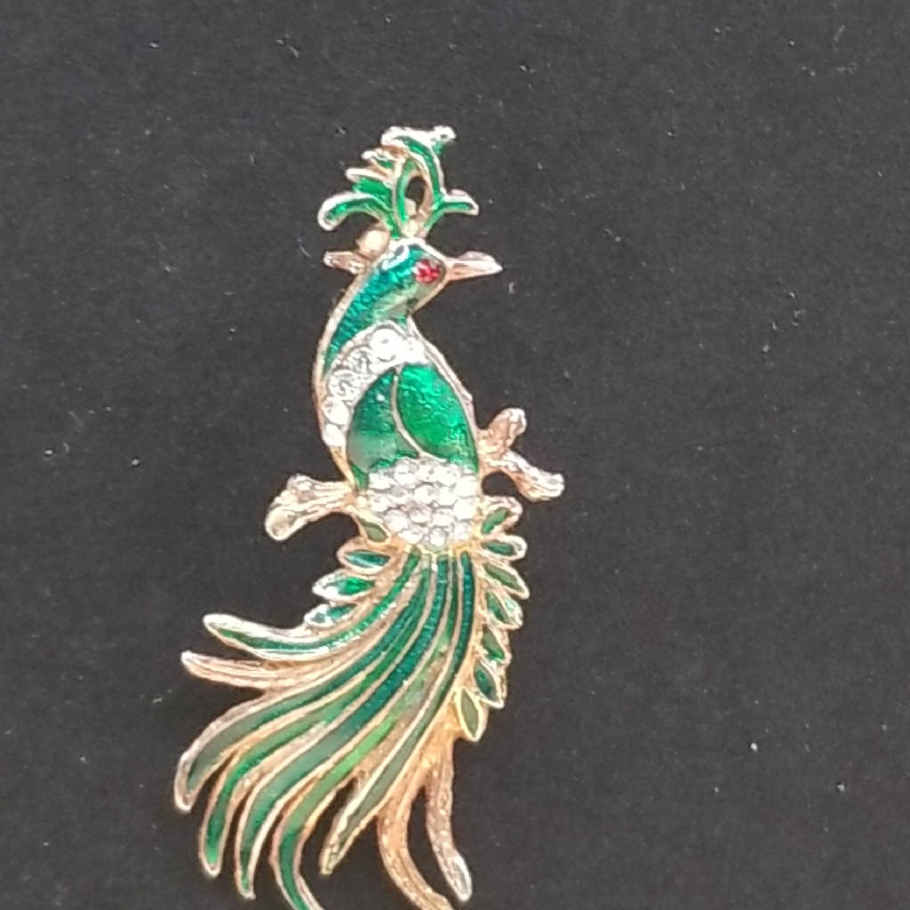 Stunning Green Enamel Peacock Brooch Pin with Crystal Accents