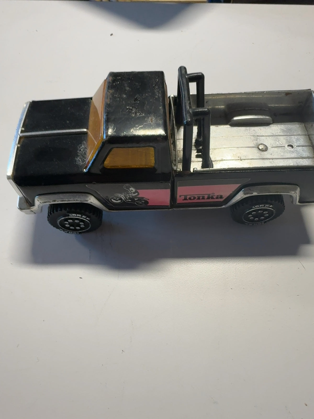 Vintage Tonka Pickup Truck Black & Pink Pressed Steel Toy with Roll Bar