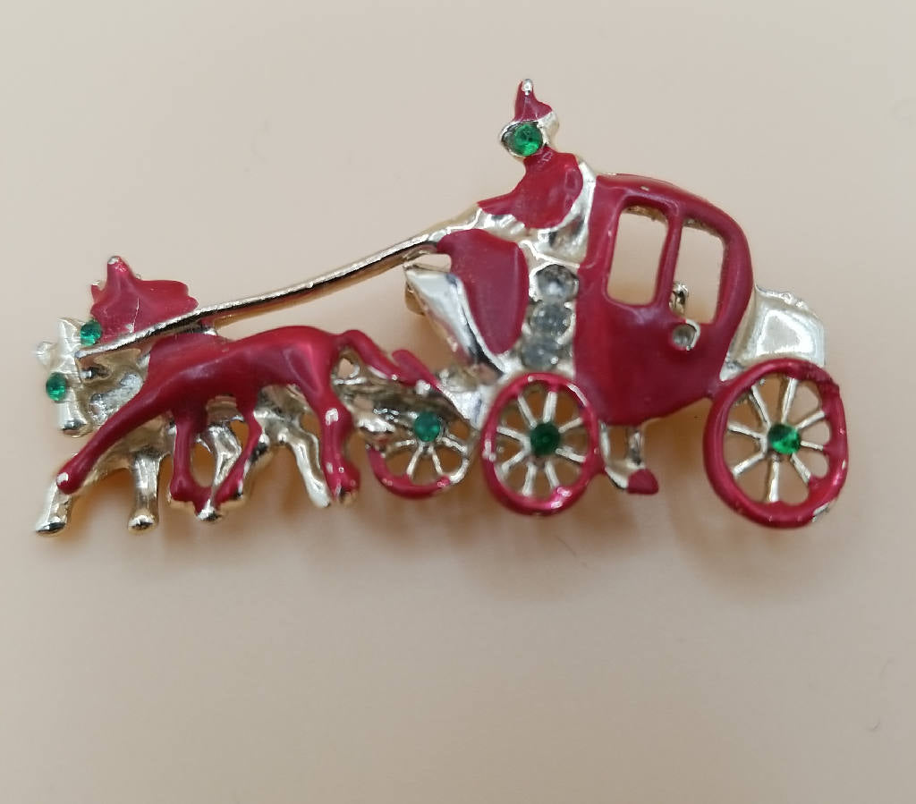 Charming Horse-Drawn Carriage Enamel Brooch Pin