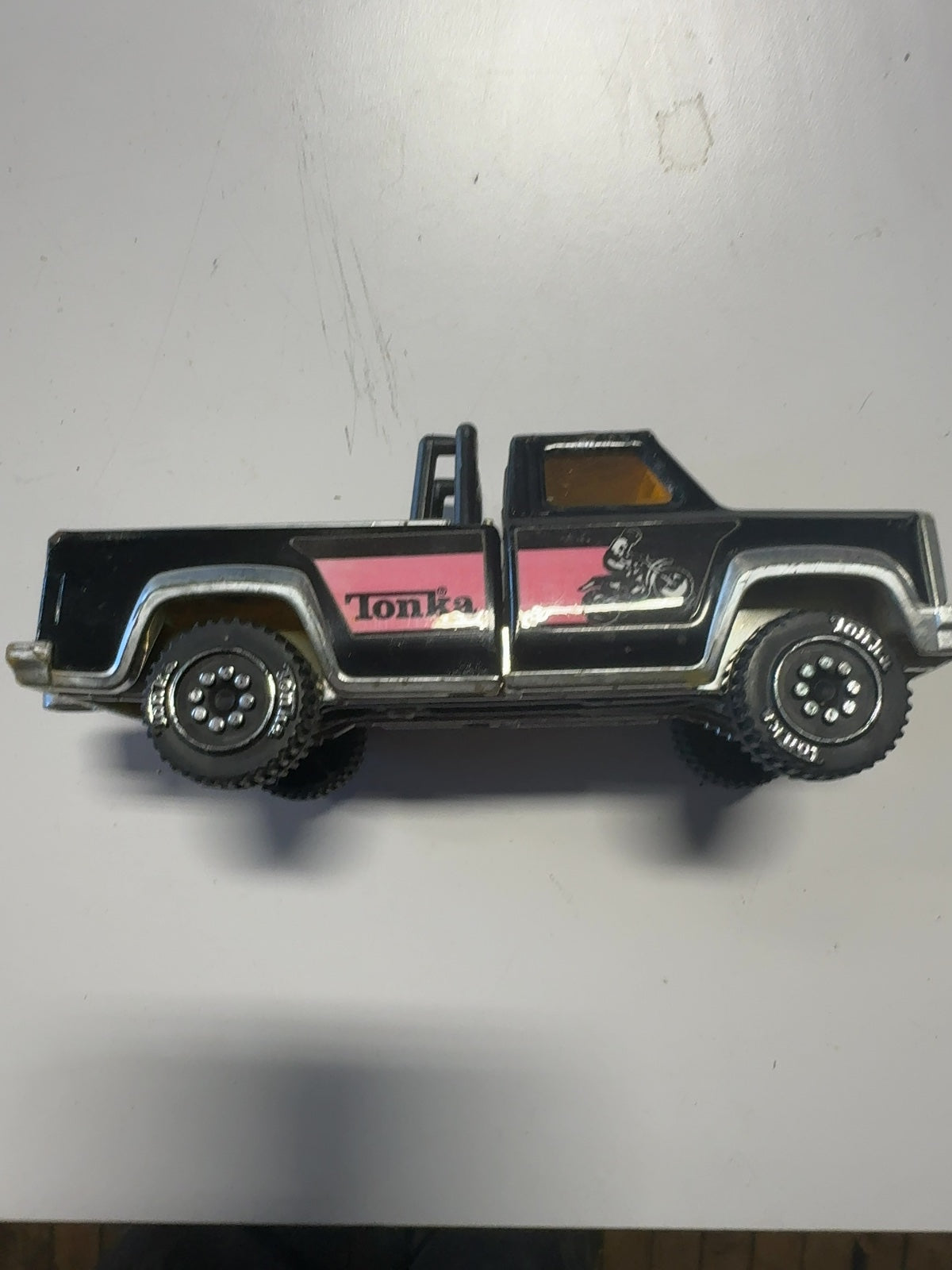 Vintage Tonka Pickup Truck Black & Pink Pressed Steel Toy with Roll Bar