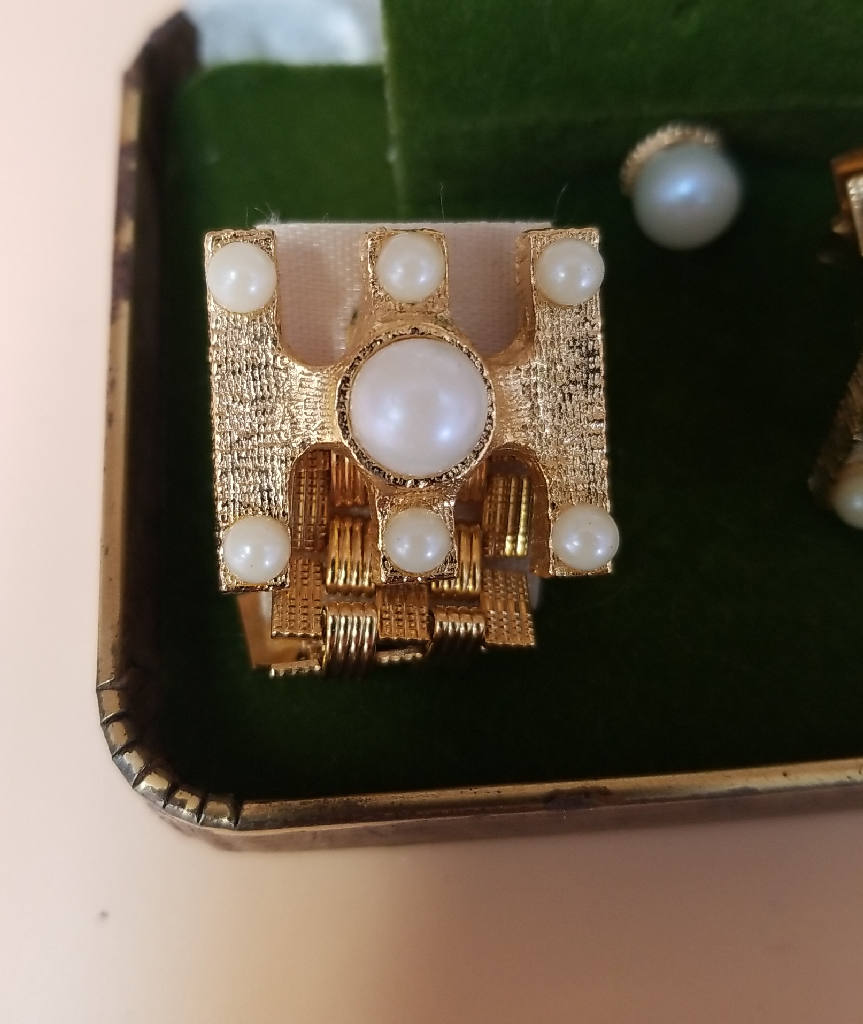 Elegant Pearl and Gold Clip Earrings Set in Original Box