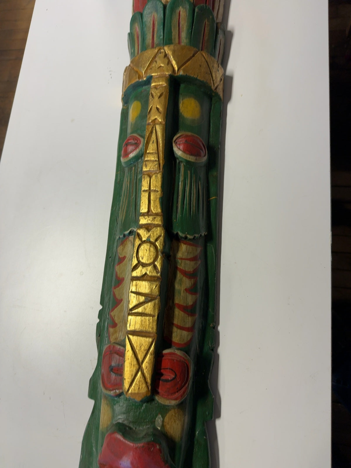 Large Hand-Carved Wood Tiki Mask Wall Hanging Green Red Gold Tribal Decor