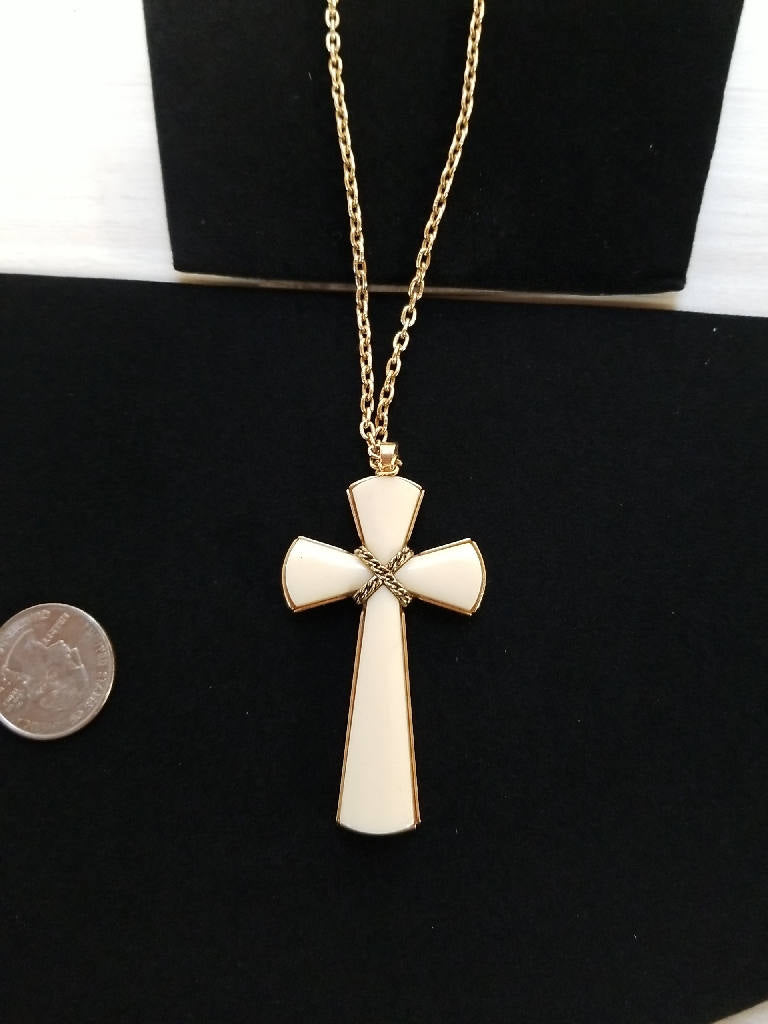 Stunning Vintage Gold Tone Cross Necklace with Cream Enamel Pendant