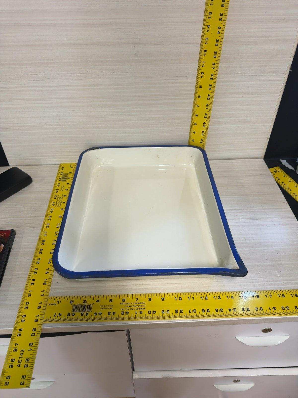 White Enamel Tray with Blue Rim Rectangular Metal Pan Vintage Style
