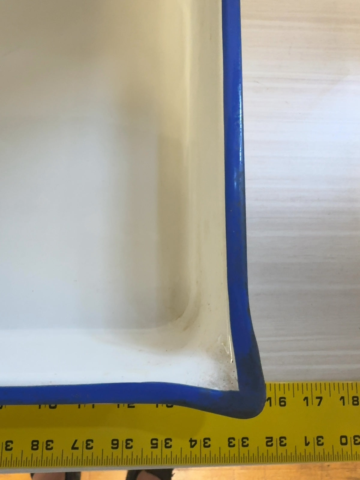 White Enamel Tray with Blue Rim Rectangular Metal Pan Vintage Style