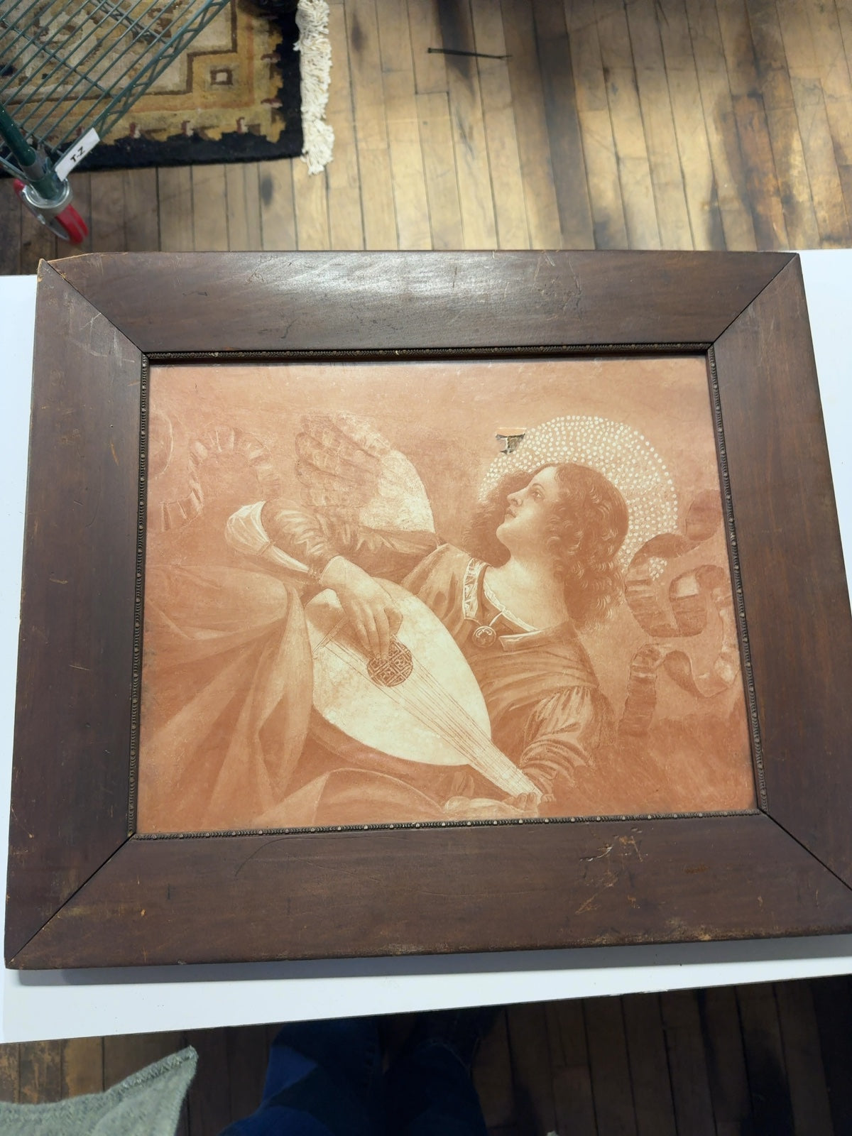 Antique Framed Sepia Print After Melozzo da Forli Angel with Lute, Wood Frame
