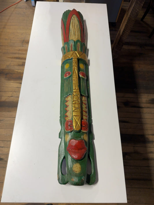 Large Hand-Carved Wood Tiki Mask Wall Hanging Green Red Gold Tribal Decor