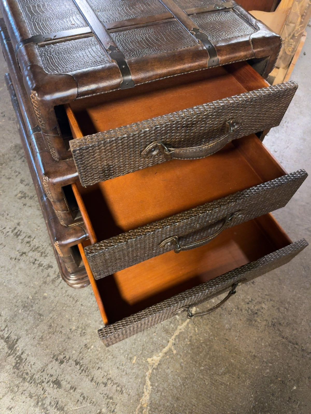 Haverty's Stacked Trunk Style 3-Drawer End Table Woven Rattan & Leather