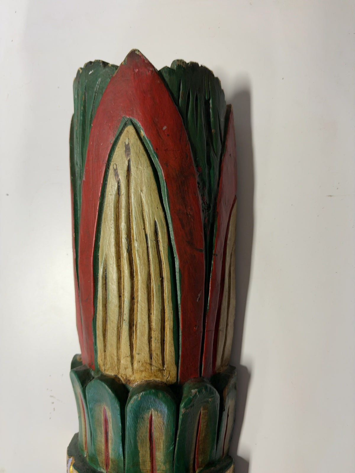 Large Hand-Carved Wood Tiki Mask Wall Hanging Green Red Gold Tribal Decor