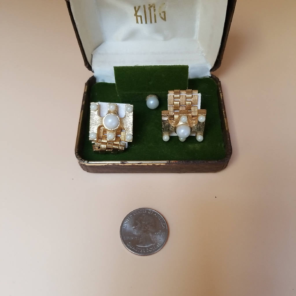 Elegant Pearl and Gold Clip Earrings Set in Original Box