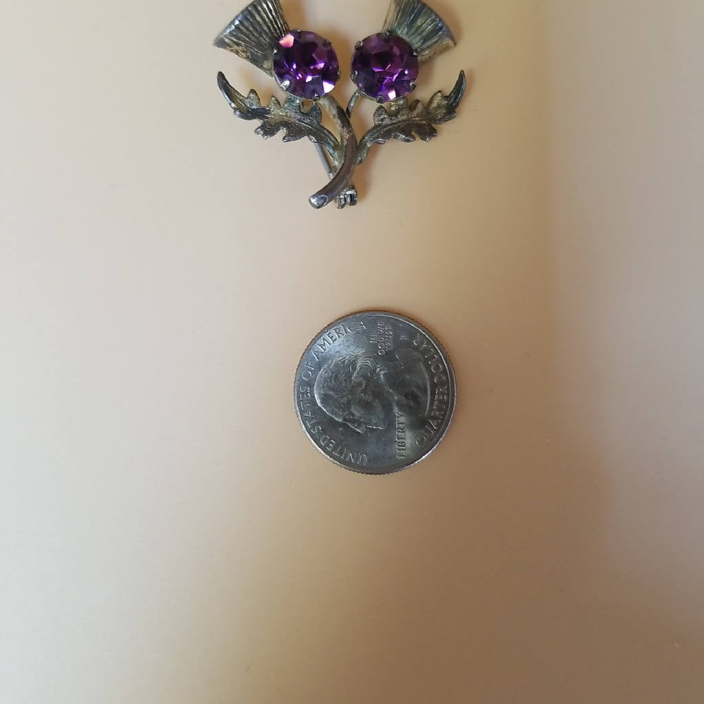 Stunning Silver Tone Thistle Brooch with Purple Rhinestones