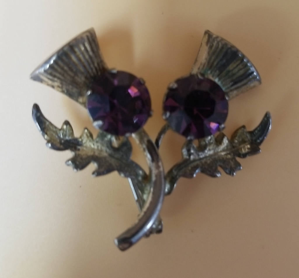 Stunning Silver Tone Thistle Brooch with Purple Rhinestones