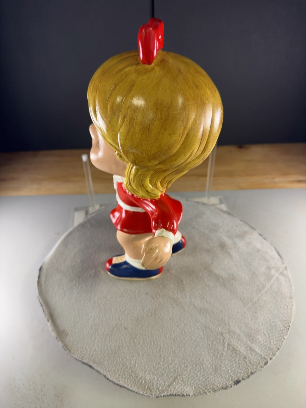 Vintage Big Eyed Bowling Girl Ceramic Figurine Red Dress Blonde Hair