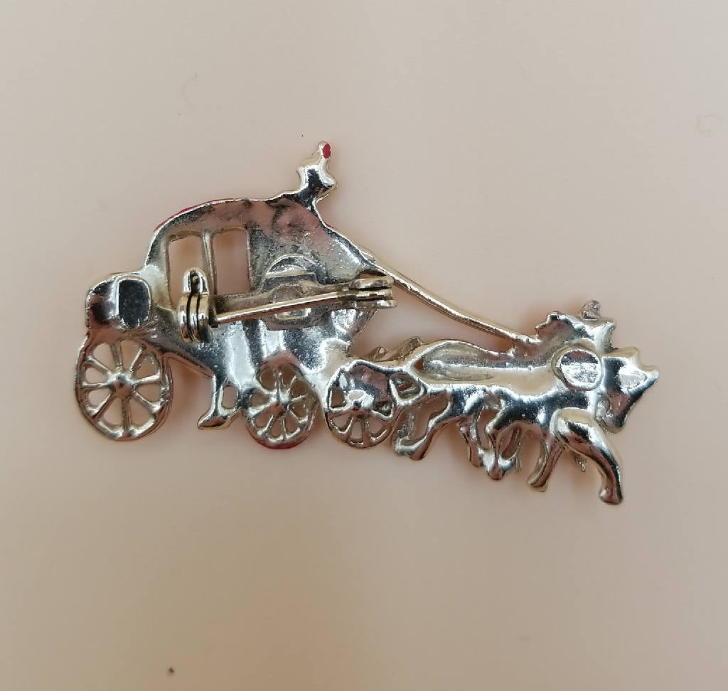 Charming Horse-Drawn Carriage Enamel Brooch Pin