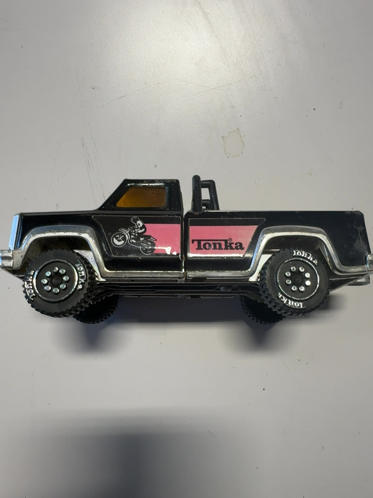 Vintage Tonka Pickup Truck Black & Pink Pressed Steel Toy with Roll Bar