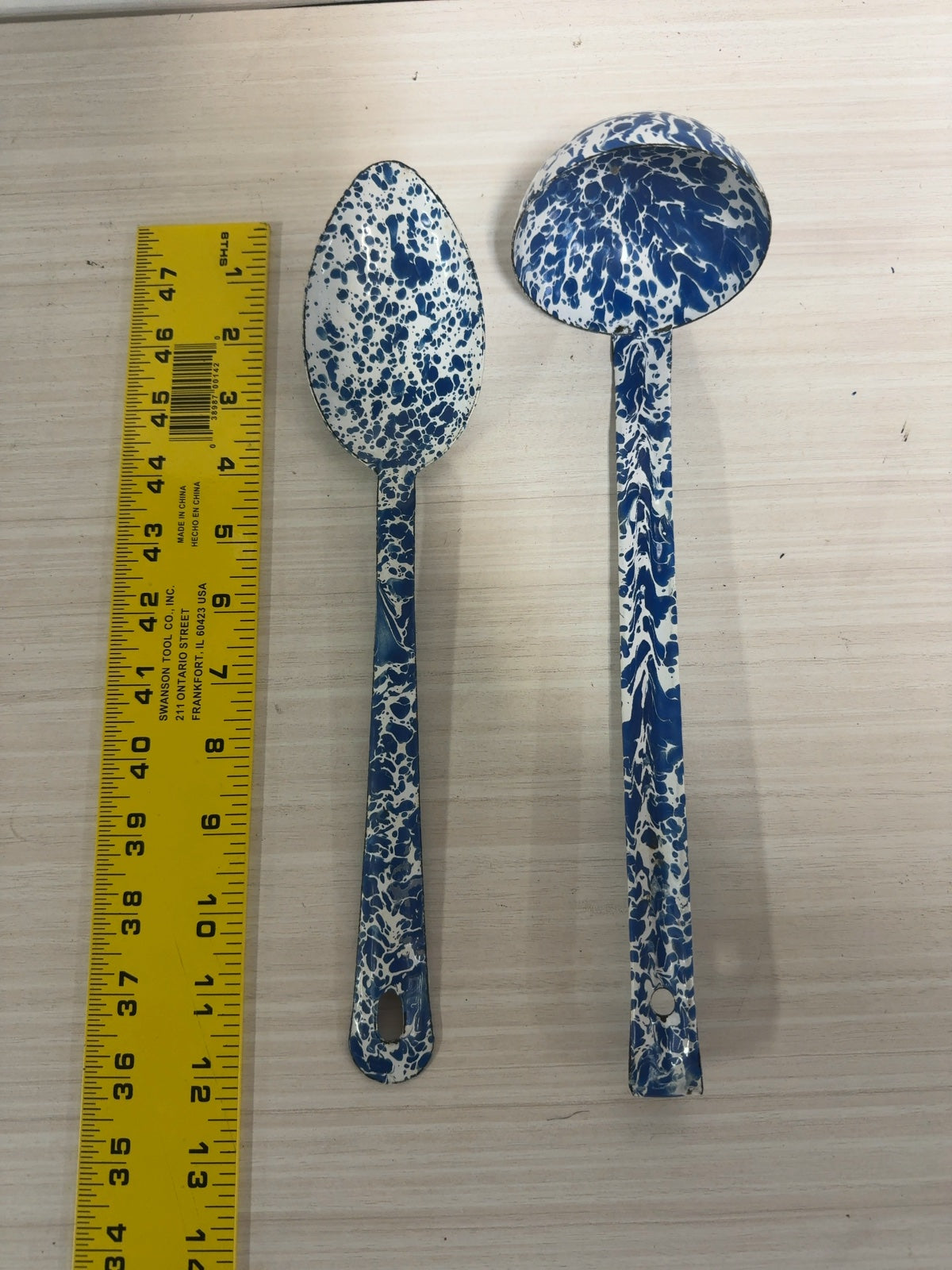 Blue and White Splatter Enamelware Serving Spoon and Ladle Set Vintage Style