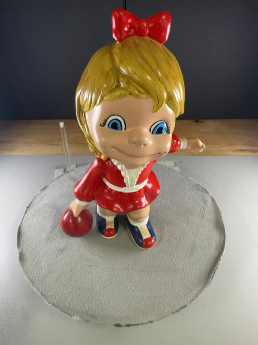Vintage Big Eyed Bowling Girl Ceramic Figurine Red Dress Blonde Hair