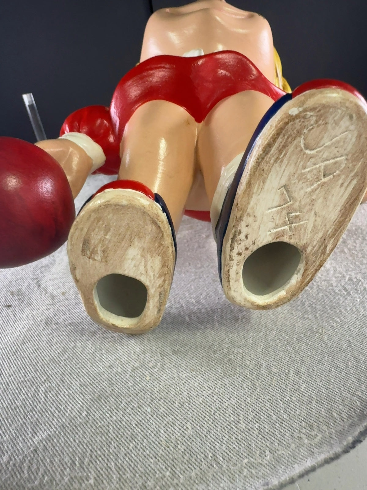 Vintage Big Eyed Bowling Girl Ceramic Figurine Red Dress Blonde Hair