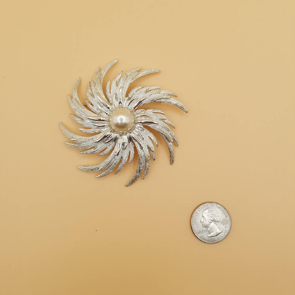Stunning Silver Tone Swirl Brooch with Faux Pearl Center