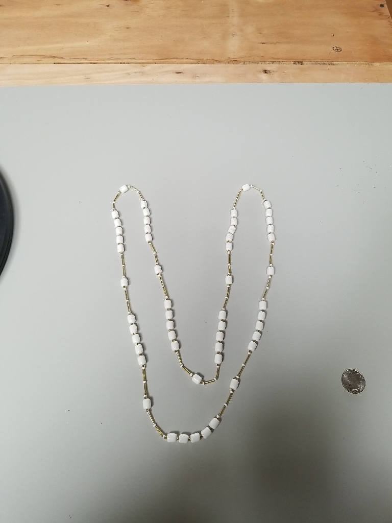 Stunning Vintage Gold Tone and White Bead Necklace 36 Inches