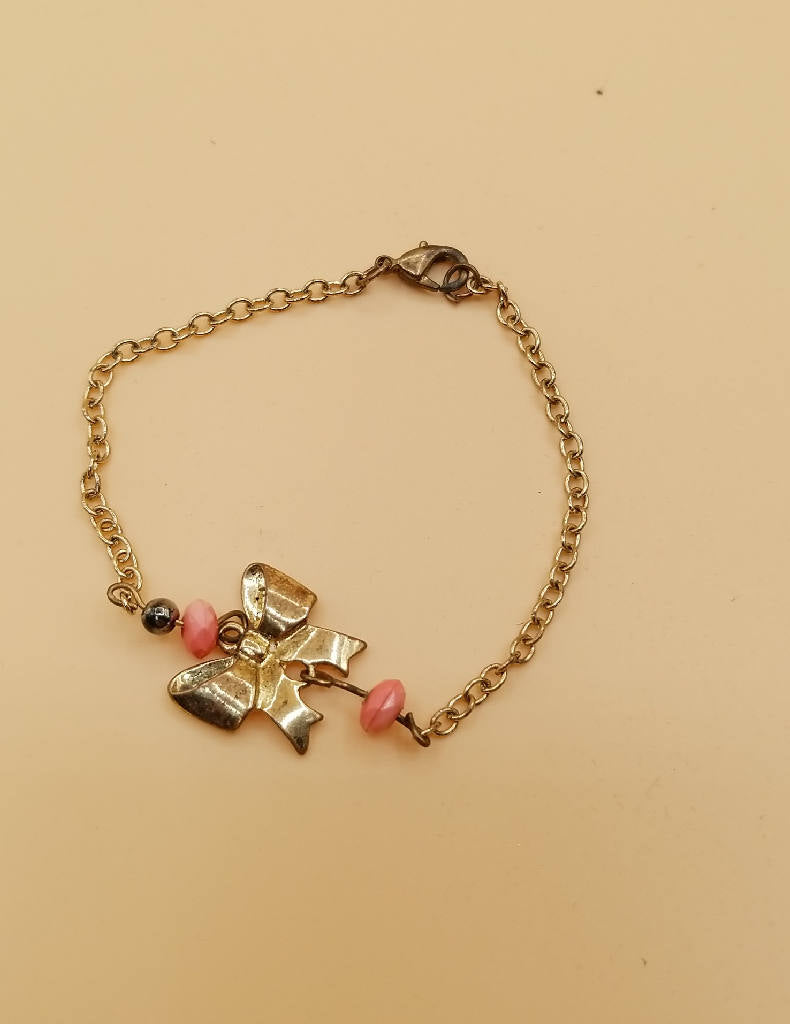 Stunning Bow Charm Bracelet with Pink Beads and Chain