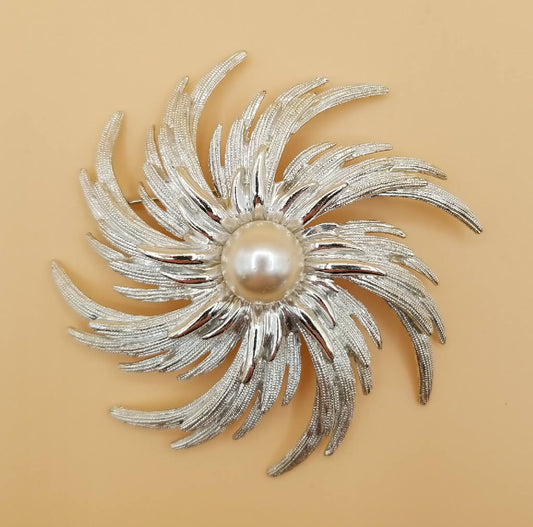 Stunning Silver Tone Swirl Brooch with Faux Pearl Center