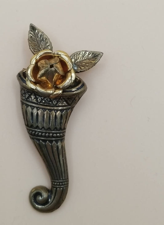 Stunning Unique Cornucopia Brooch Pin with Floral and Leaf Design
