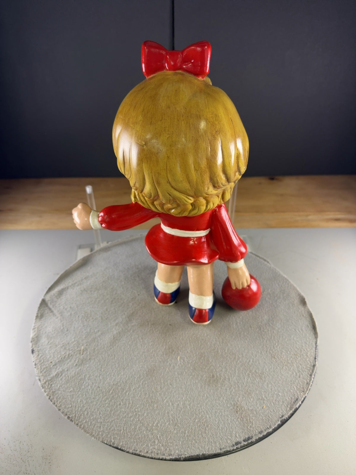 Vintage Big Eyed Bowling Girl Ceramic Figurine Red Dress Blonde Hair