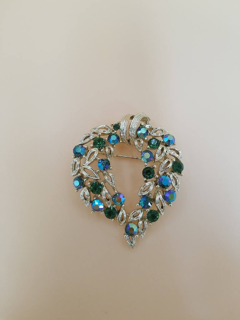 Stunning Vintage Silver Tone Wreath Brooch with Green and Blue Rhinestones