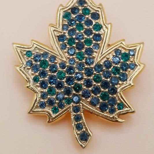 Stunning Blue and Green Rhinestone Leaf Brooch Pin