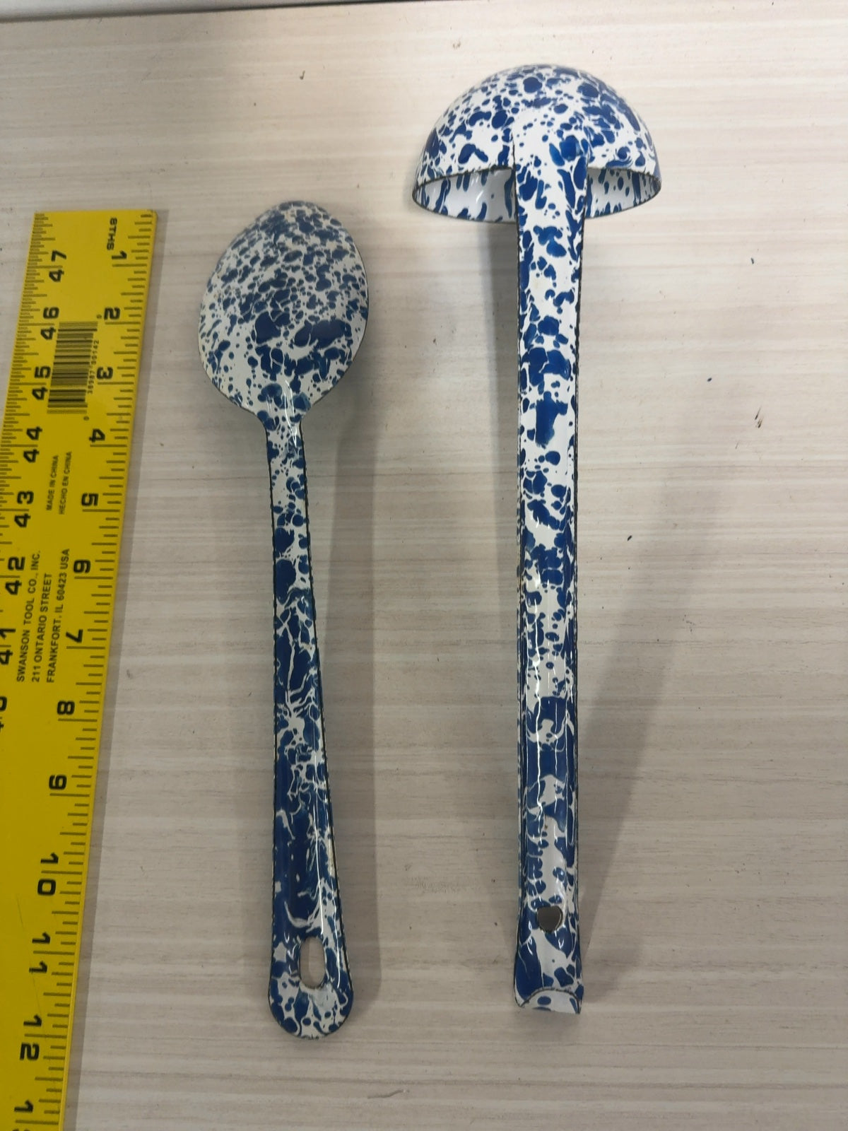 Blue and White Splatter Enamelware Serving Spoon and Ladle Set Vintage Style
