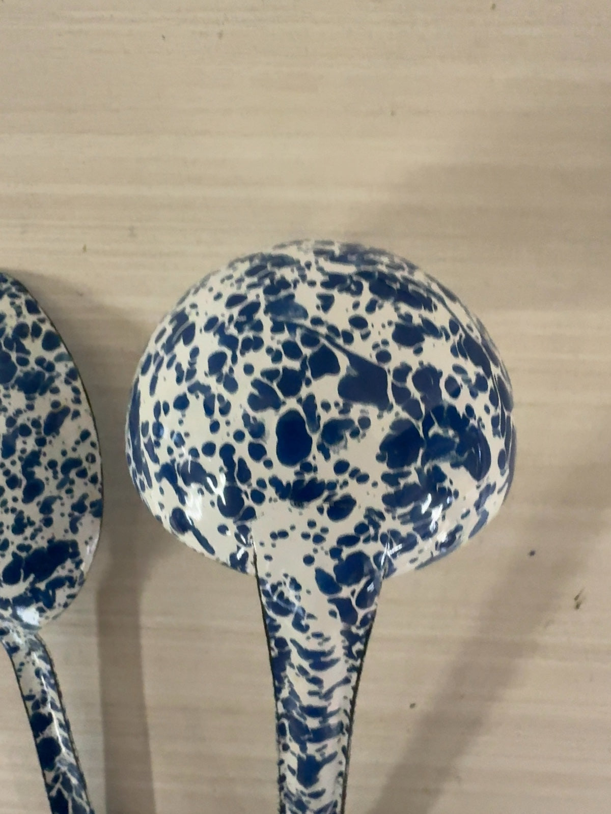 Blue and White Splatter Enamelware Serving Spoon and Ladle Set Vintage Style