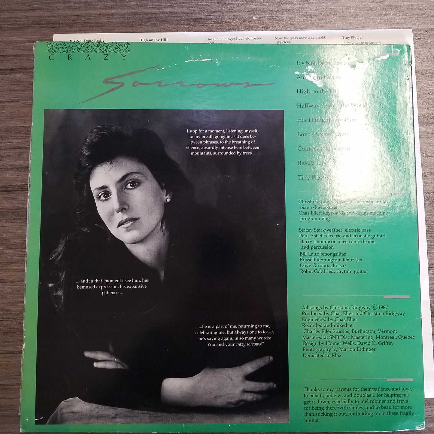 Christina Ridgway - Crazy Sorrows (1988, Thunder Ridge Music) VG+/VG+